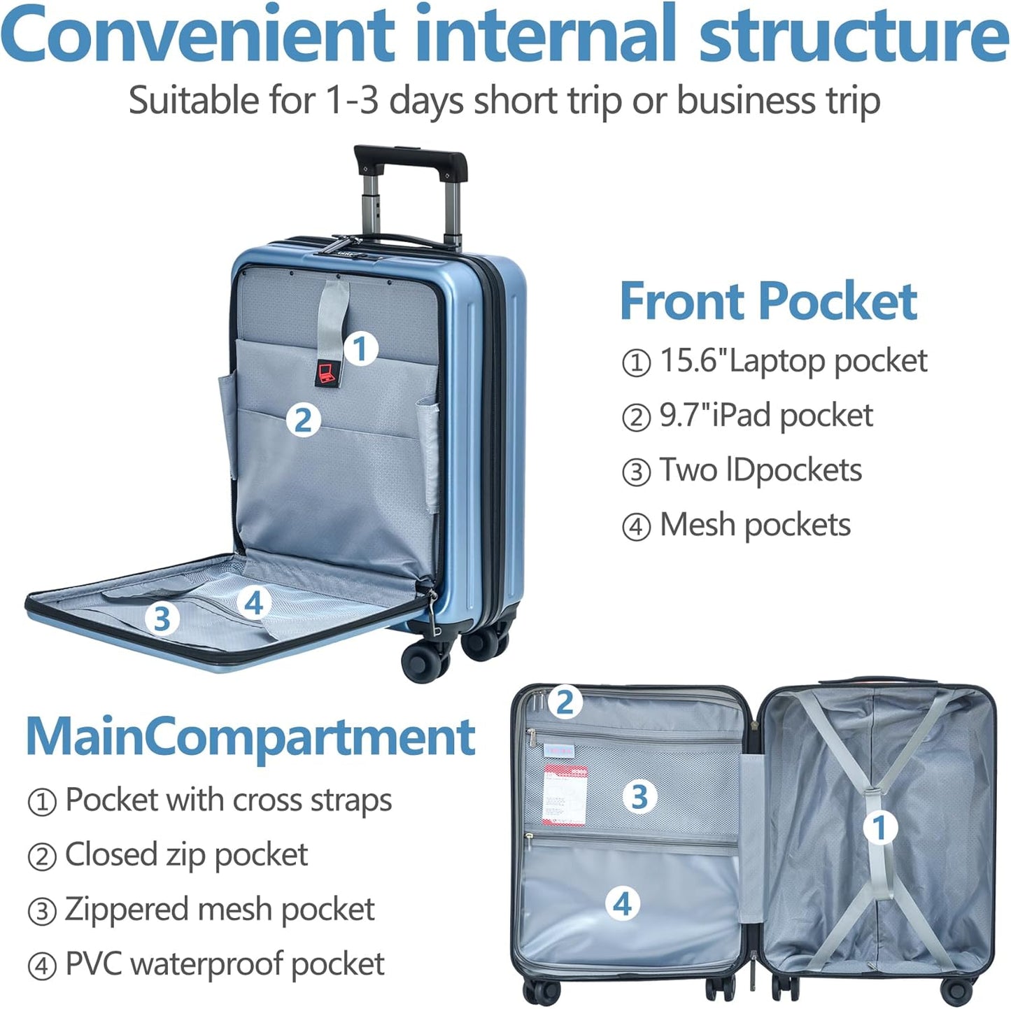 TydeCkare 20 Inch Carry On Luggage with Front Pocket, 21.65 * 15.35 * 7.87" Suitable for Airplane Overhead Bin, 34L PC+ABS Hardshell, Ice Blue