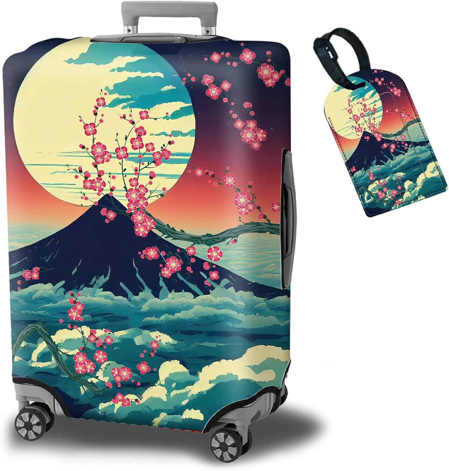 Luggage Cover Suitcase Protector + Luggage Tag, Landscapes Sakura Mount Fuji Travel Suitcase Cover for 22-24 inch Luggage (M) with Concealed Zipper Washable Elastic Cloth Dustproof Anti-Scratch