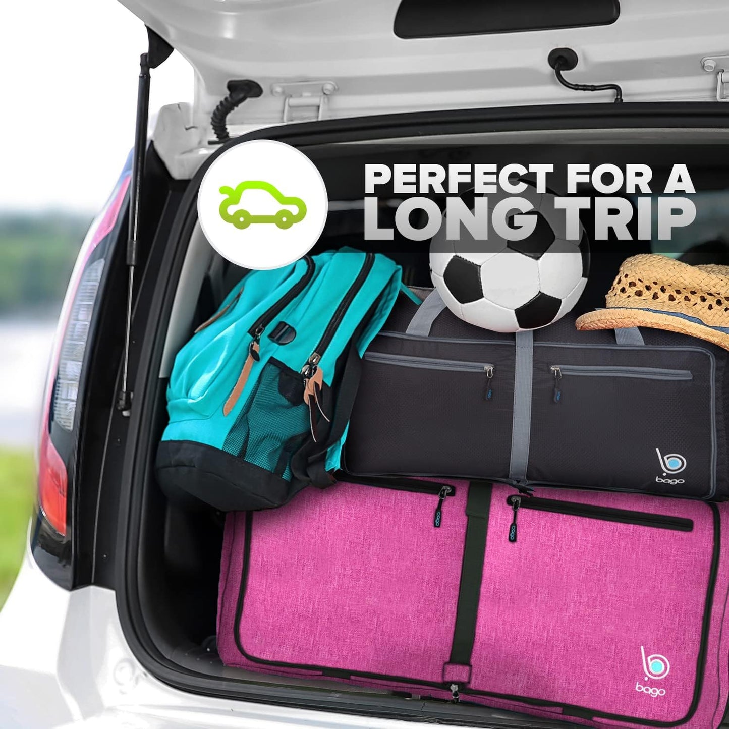 Bago Foldable Duffel Bags for Traveling Women & Men - 60L Medium Packable Duffle Bag for Travel with Shoe Compartment - Water Repellant, Heavy Duty, Lightweight Folding & Collapsible (SnowPink)