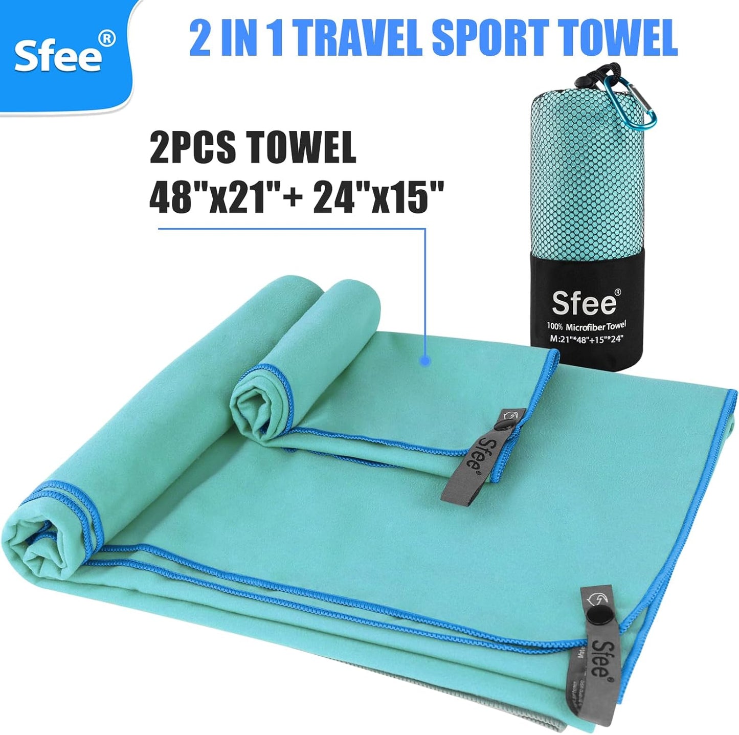 Sfee 2 Pack Microfiber Travel Towel, Quick Dry Towel Camping Towel Super Absorbent Compact Lightweight Sports Gym Towel Beach Towels Set for Gym, Hiking, Pool, Backpacking, Bath, Yoga