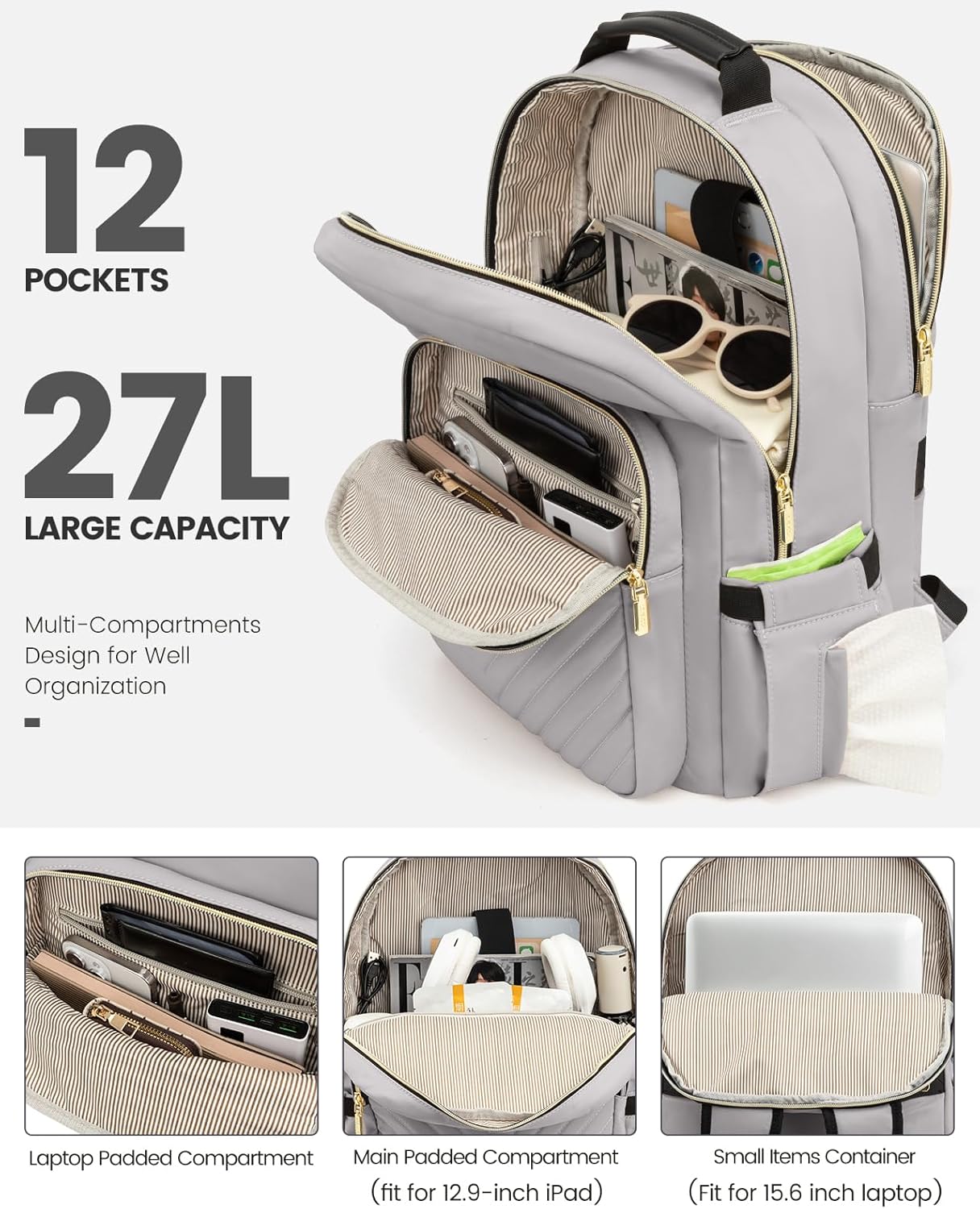 LOVEVOOK Laptop Backpack Purse for Women, Work Travel Computer Bags, College School Backpack for Student Girl, Quilted Casual Daypack with USB Port, Fit 15.6 Inch Laptop, Grey