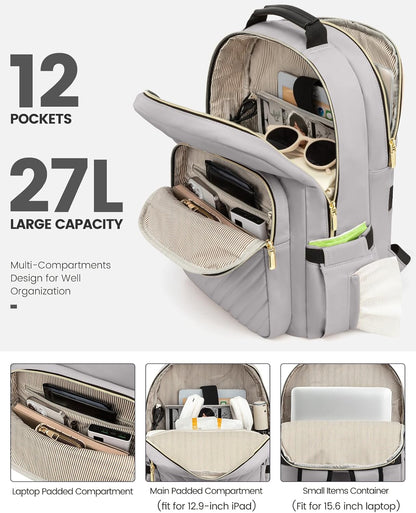 LOVEVOOK Laptop Backpack Purse for Women, Work Travel Computer Bags, College School Backpack for Student Girl, Quilted Casual Daypack with USB Port, Fit 15.6 Inch Laptop, Grey