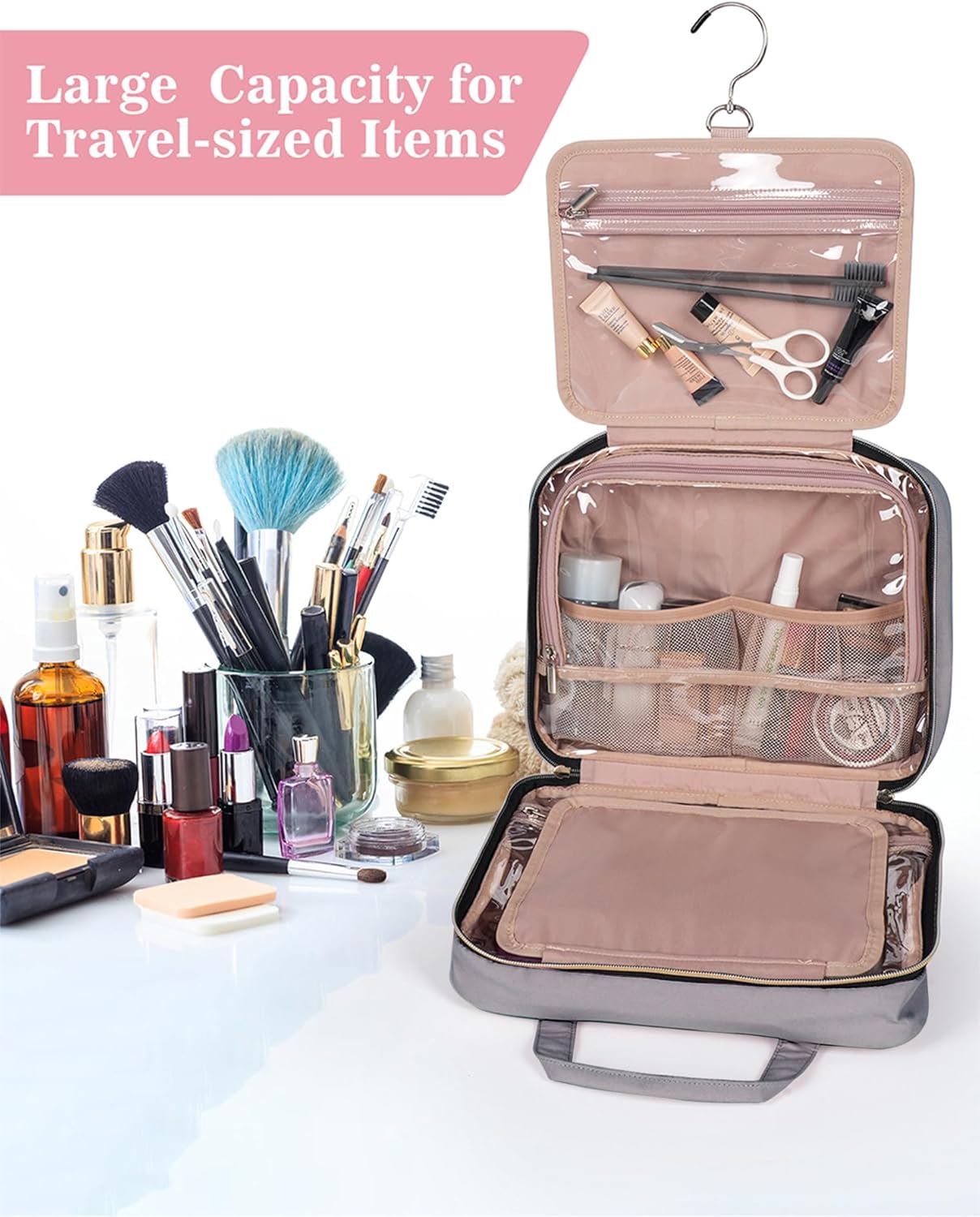 Grey Toiletry Bag, Makeup Organizer, Travel Bag For Women Mens Toiletries, Waterproof with Hanging Hook, Large Capacity