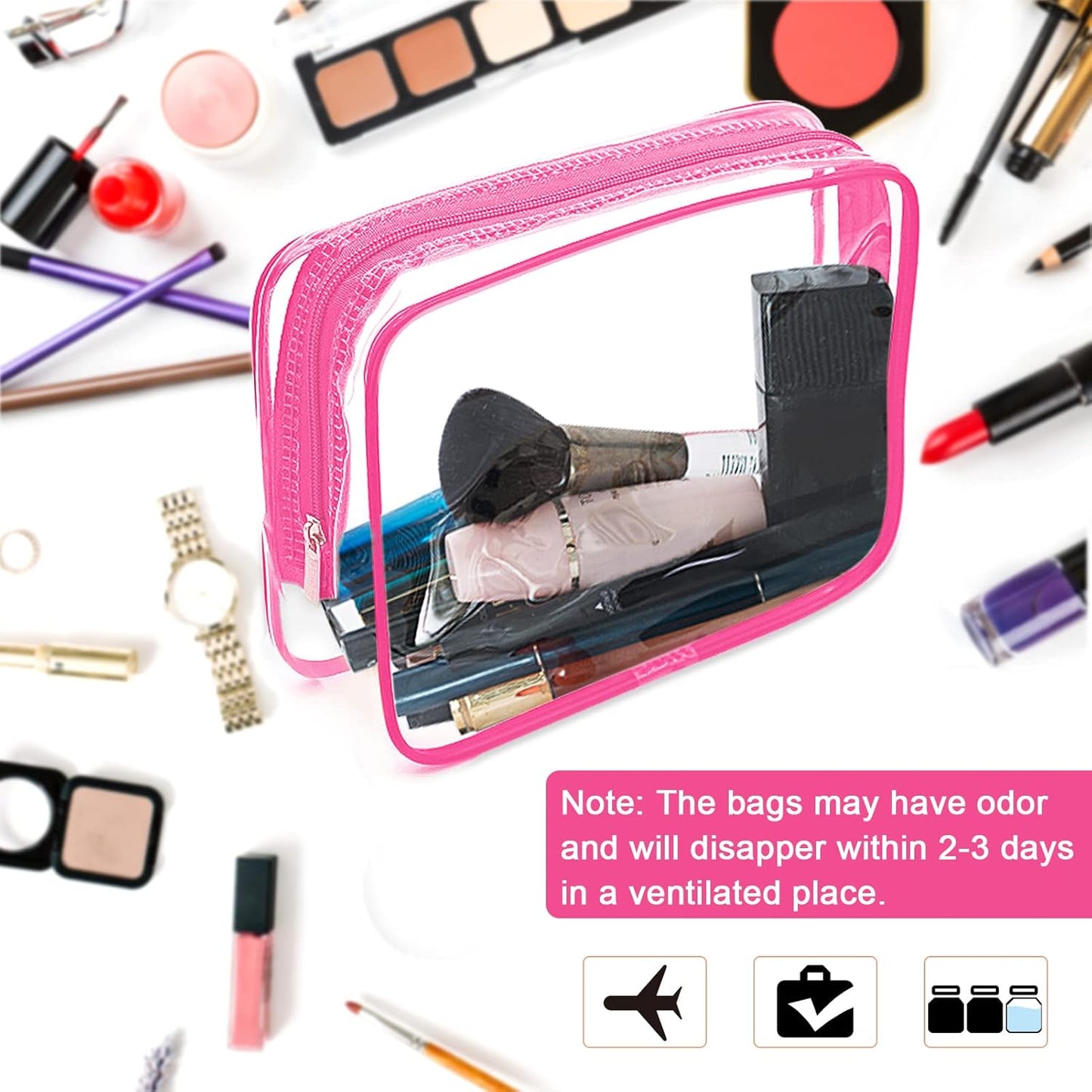 APREUTY Clear Makeup Bags, TSA Approved 6 Pcs Cosmetic Makeup Bags Set Clear PVC with Zipper Handle Portable Travel Luggage Pouch Airport Airline Vacation Organization (Rose Red)