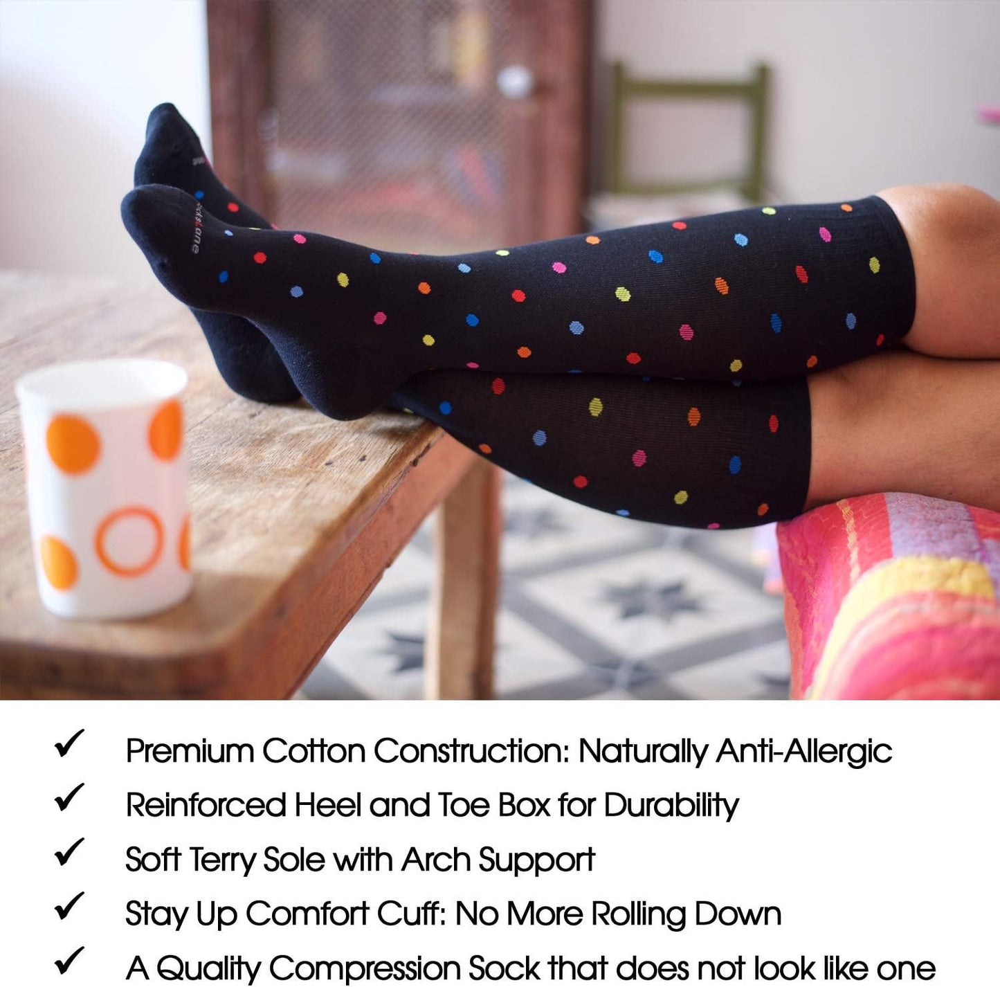 Cotton Compression Socks for Women & Men. 15-20 mmHg Support Knee-High Black Stripes X/L