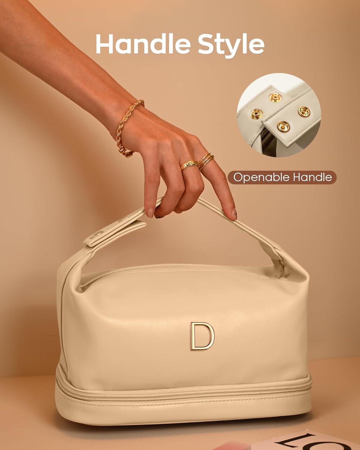 Personalized Makeup Bag, Initial Double Layer Cosmetic Bag with Makeup Brush Organizer, Waterproof, Large Capacity PU Leather Travel Toiletry Bag Retirement Gifts, Daughter Gifts