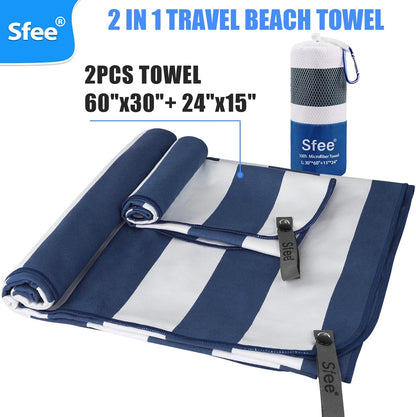 Sfee 2 in 1 Microfiber Beach Towel, Quick Dry Towel Camping Towel Travel Towel Super Absorbent Compact Lightweight Sports Gym Towels Set for Beach, Gym, Hiking, Pool, Backpacking, Bath, Yoga