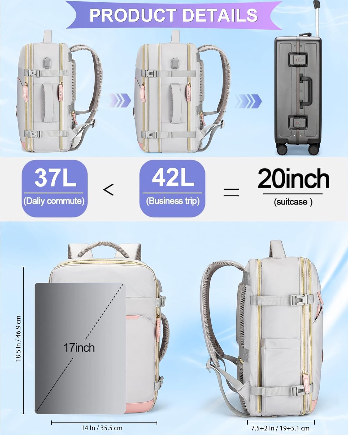 42L Travel Laptop Backpack, Expandable Carry-on Luggage, Anti-Theft Business Weekender Bag with USB Port, 3 Packing Cubes & Shoe Bag (Grey)