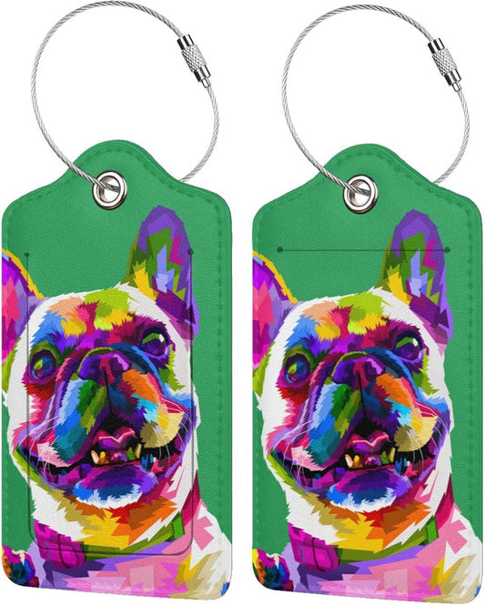 Cute French Bull Dog Luggage Tags for Boys Girls Adults, Set of 2 Stylish Art Colors Animal on Green Background Leather Stainless Steel Loop Label Tag for Travel Bag Suitcase