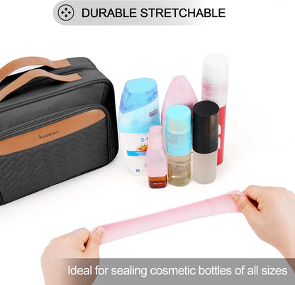 Travel Hanging Toiletry Bag for Women and Men, with 8 Leak Proofing Silicone Bottle Covers, Waterproof Makeup Accessories, Cosmetic Essentials, Cruise Ship Toiletries Bag with Jewelry Organizer, Black