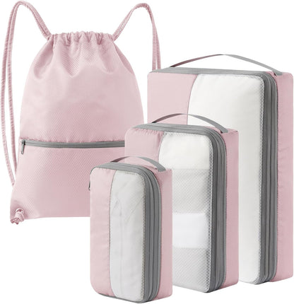 4 Set Compression Packing Cubes for Travel, Bonus Versatile Drawstring Backpack, Lightweight Luggage Organizer Bags, Sturdy Travel Accessories for Suitcase, Pink