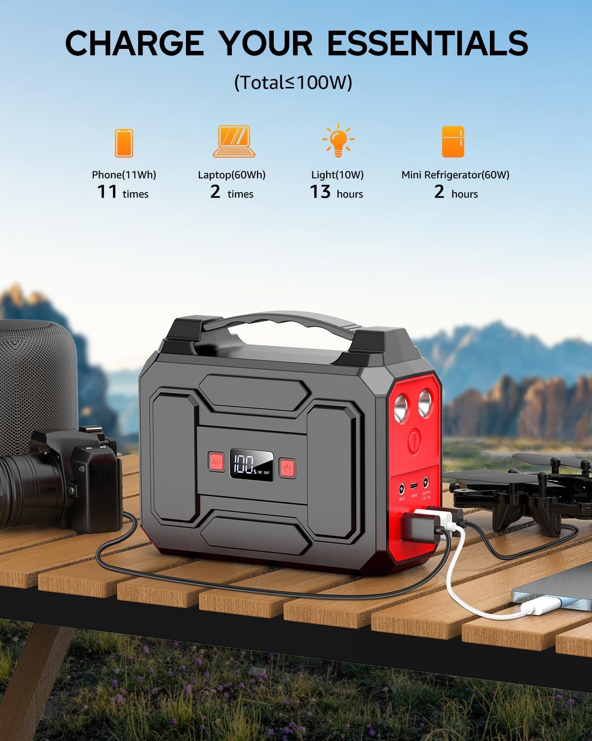 Apowking 146Wh Portable Power Station Bank 200W Peak(100W Rated) Solar Powered Power Bank with AC Outlet 110V, 39600mAh, USB QC3.0 Fasting Charging, LED Flashlights for Home Camping Emergency