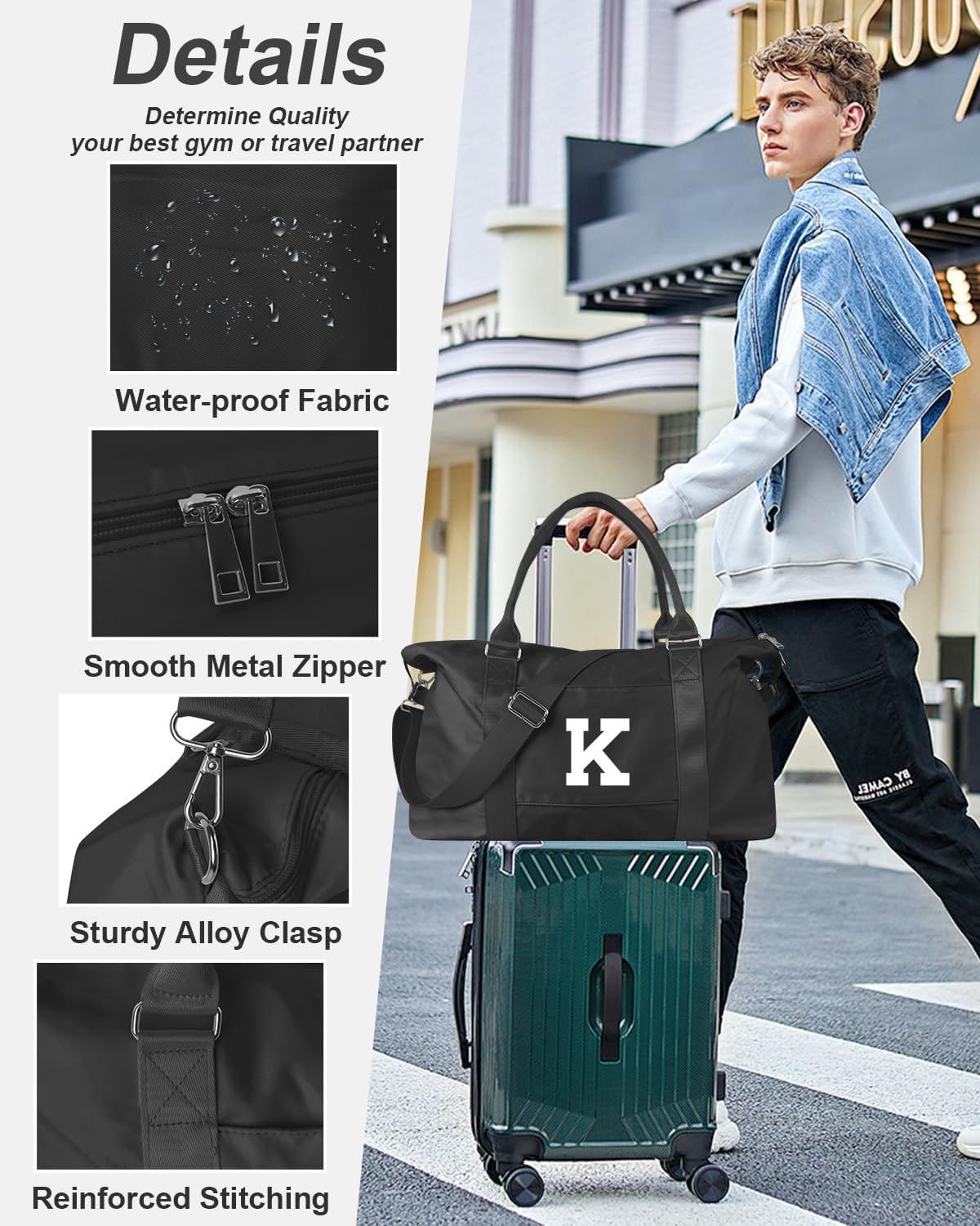 Initial Travel Duffel Bag Sports Gym Bag for Boys Teen Birthday Gifts,Black Personalized Weekender Bag Carry On Tote Bags for Men,Waterproof Overnight Luggage Bag Airplane Travel Essentials(Letter K)