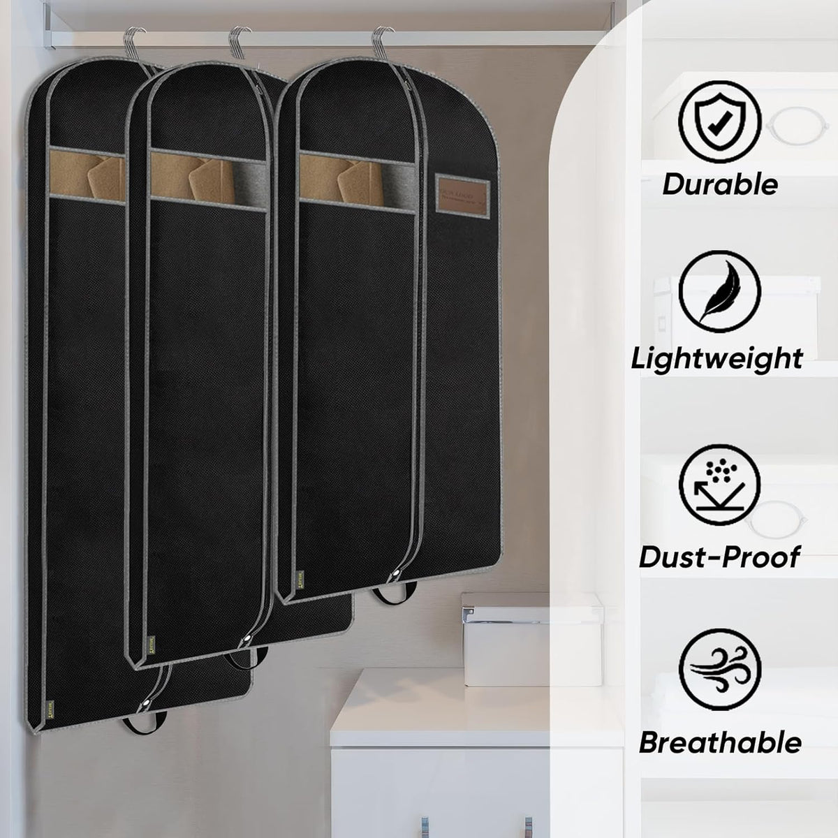 BALEINE 2PK Heavy Duty Garment Bag with Shoe Storage Travel Bag for Dresses, Suit, Coats Travel Essential (54", Black)