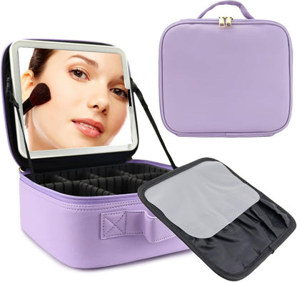 Travel Makeup Bag with LED Mirror Travel Makeup Organizer with 3 Lighted Settings, Adjustable Dividers and Makeup Brush Storage Bag Purple