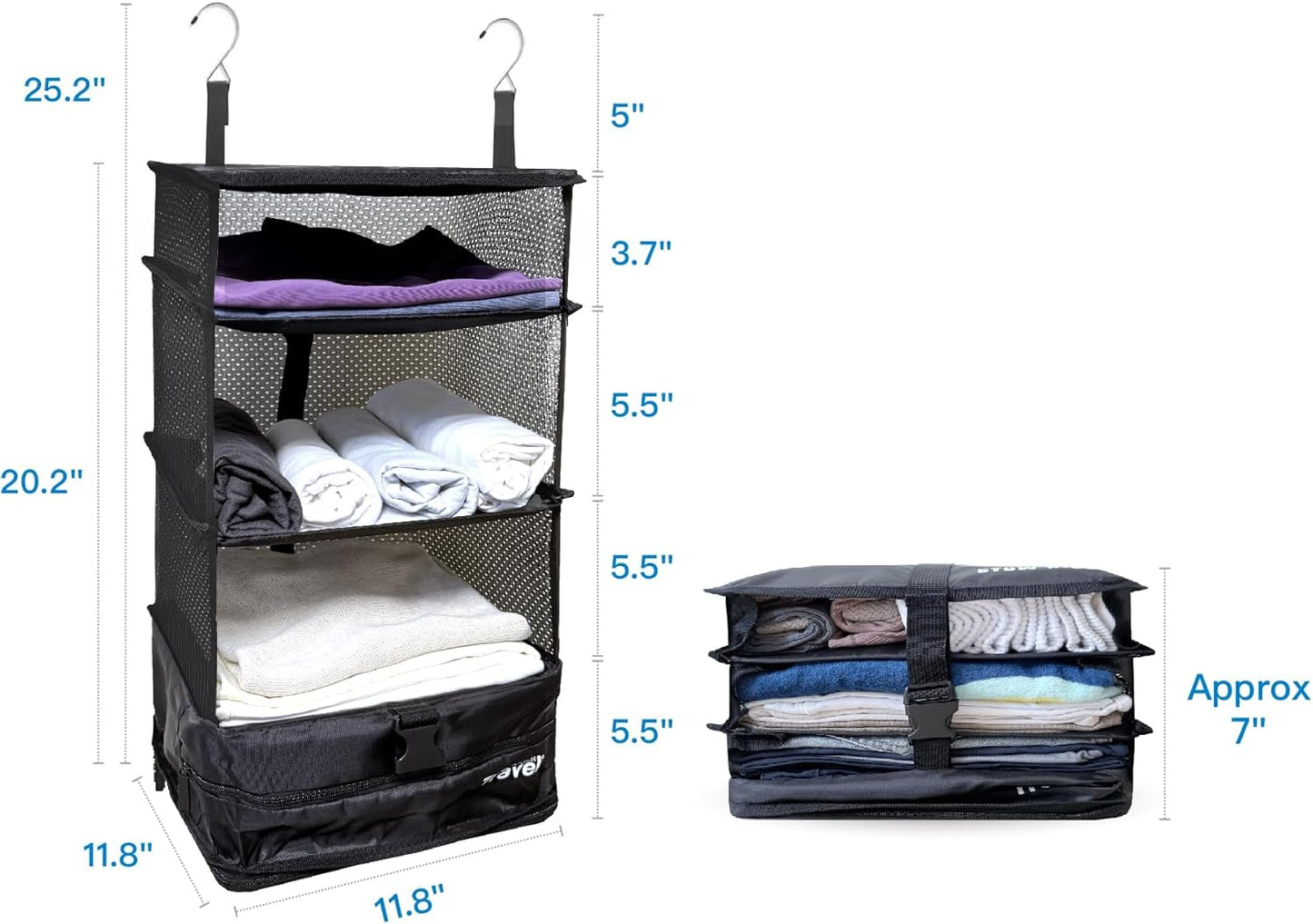 Grand Fusion Stow-N-Go Travel Luggage Organizer – Portable Hanging Travel Shelves, Carry-On Closet Organizer, Hanging Packing Cubes, Collapsible Carry-On Organizer for Cruises & Hotels. Black - L