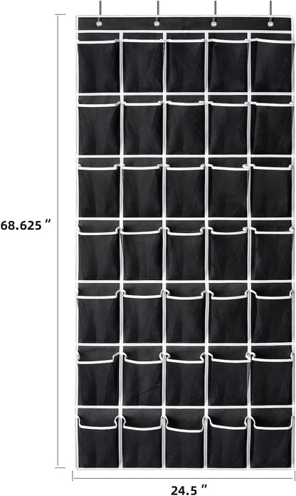 35 Pockets Over the Door Shoe Organizer, Hanging Shoe Organizer for Door with 35 Mesh Pockets Large Capacity Shoe Hanging Storage Bag with 4 Metal Hooks (Black-1Pack)