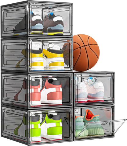 7 code Thicken & Sturdy Clear Shoe Storage Organizer with Magnetic Door, Stackable Boxes for Closet, Foldable Shoe Rack for Sneaker Boot Container, Plastic Shoe Cabinet Shoe Box 6 Pack, Black