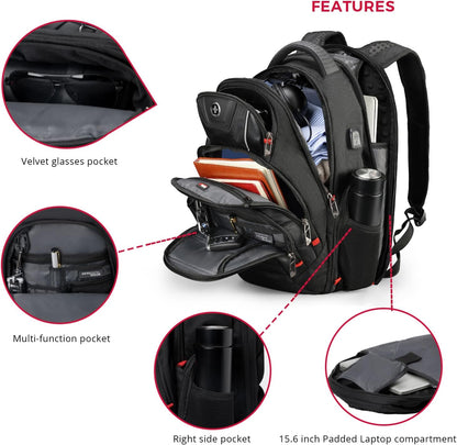 Swissdigital Design Travel Backpack for men, TSA Friendly USB Charging RFID Protection Business Backpack Fits 15.6" Laptops Black | J14-BR