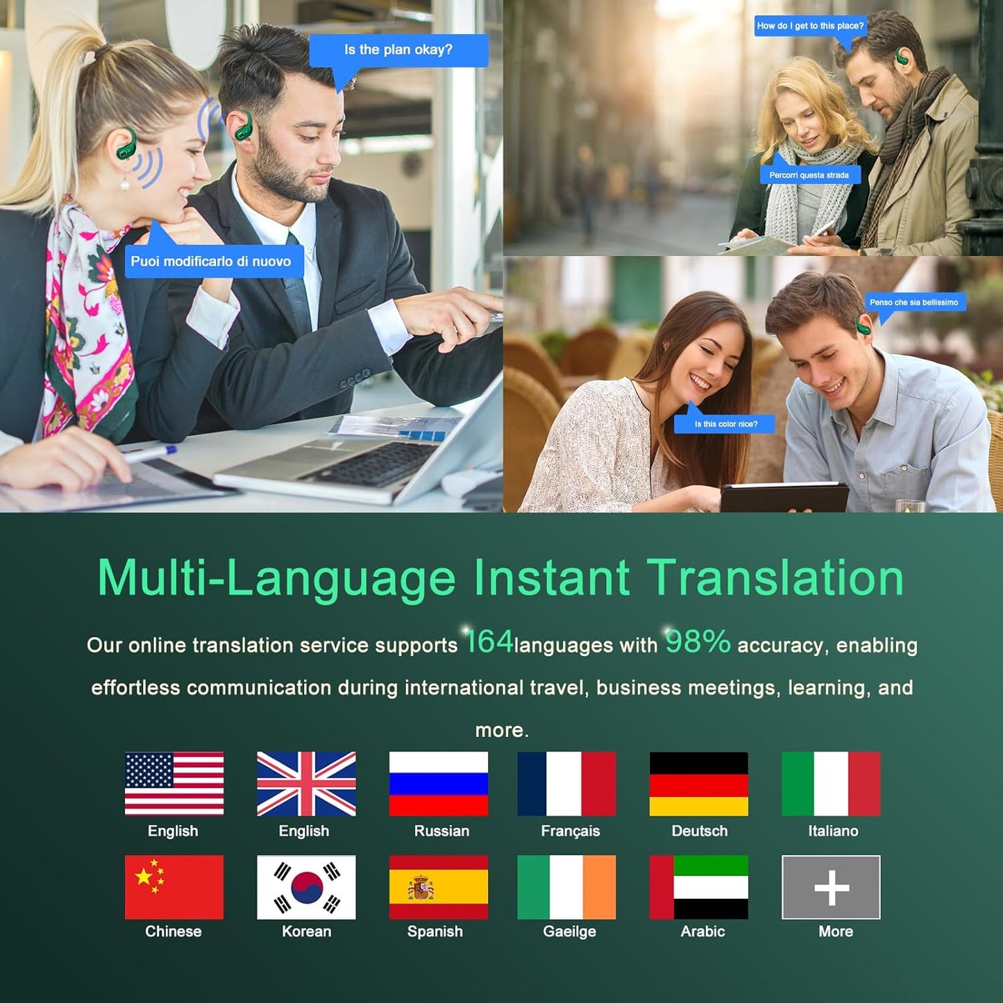 AI Translation Earbuds Real Time, 164 Language Translator Earbud 3-in-1 Bluetooth 5.4 Translator Earbuds with 6 Translation Modes, 75H Translators Headphones with APP for Travel Business, Dark Green
