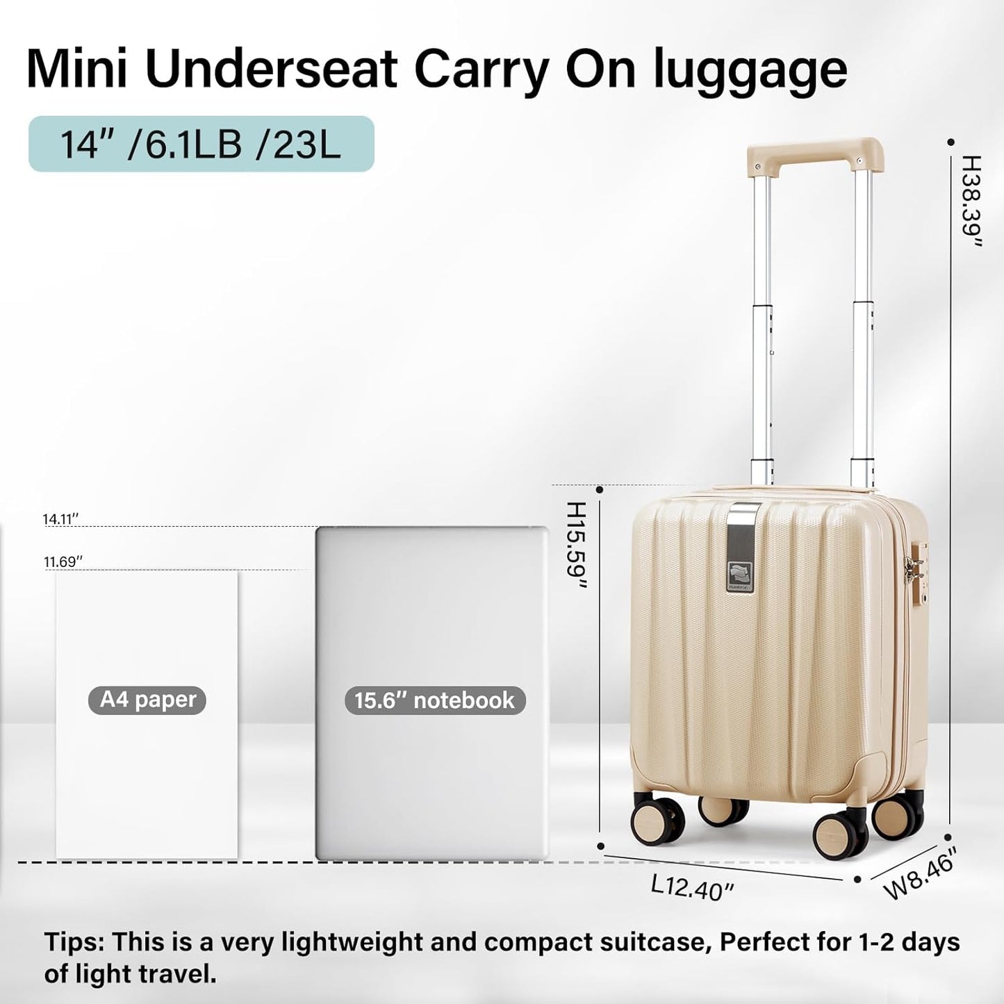 Hanke 14 Inch Underseat Carry On Luggage with Wheels Hard Shell Suitcases Carry On Bag Lightweight Small Mini Suitcase Travel Luggage for Travel Christmas Gifts for Birthday（Cuba Sand）