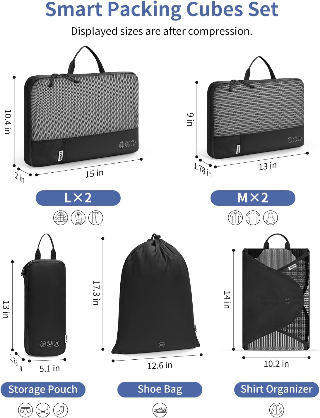 WANDF 7 Set Compression Packing Cubes for Travel, Shirt Folder for Wrinkle-Free, Suitcase Organizer Bags Set for Carry-On Checked Luggage Duffle Bag Women Men(Black)