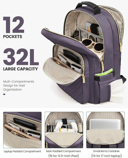 LOVEVOOK Laptop Backpack for Women, Large Capacity Travel Computer Work Bag with 17-inch Laptop Compartment, Business Nurse Backpack Purse, Hiking Outdoor Carry On Backpack, Purple Grey