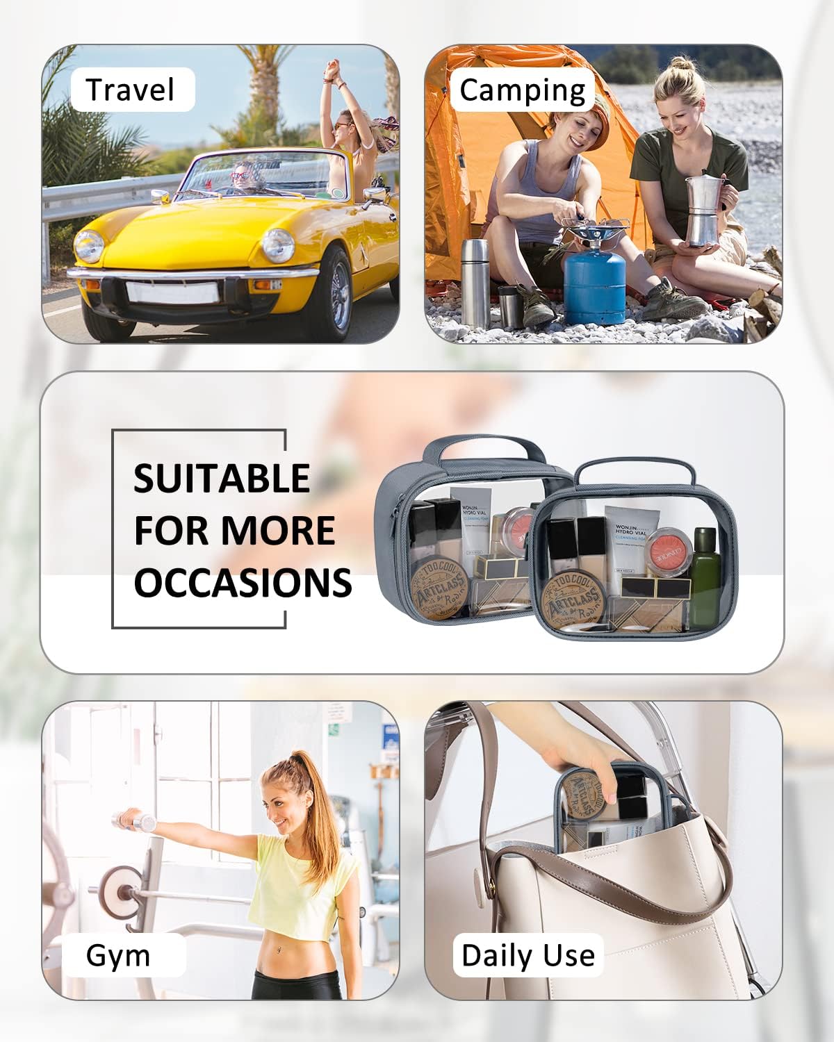 Moyad TSA Approved Clear Toiletry Bag with Handle, 3 Pack Quart Size 3-1-1 Liquids Pouch for Travel, Transparent Makeup & Cosmetic Organizer for Women Men, Grey