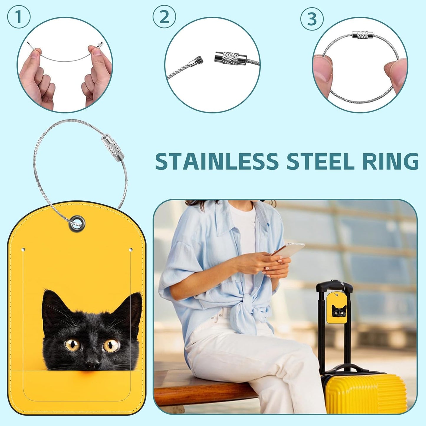 Black Cat Luggage Tag for Suitcase Set of 2 PU Leather Cute Luggage Tags with Stainless Metal Loop ID Label Privacy Flap Suitcase Tags for Women and Men Travel