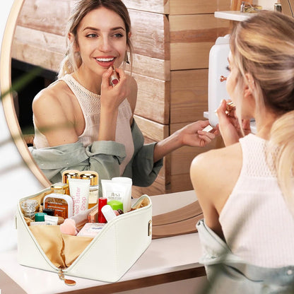 Birthday Gifts for Women Teen Girl, Personalized Initial Makeup Organizer Bag Set, Open Flat Travel Cosmetic Bag With Clear Divider and Handle(Beige,T)