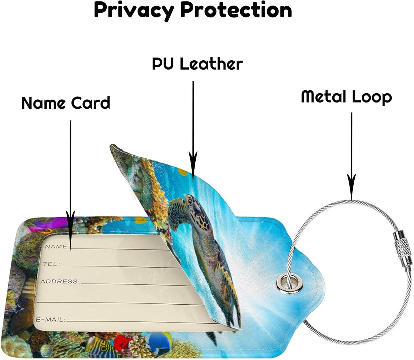 2 Pack Sea Turtle Luggage Tag for Suitcases, Cool Leather Suitcase Labels with Full Privacy Cover Id Name Card and Stainless Steel Loop, Funny Travel Identifiers Tags Luggage for Women Men Baggage