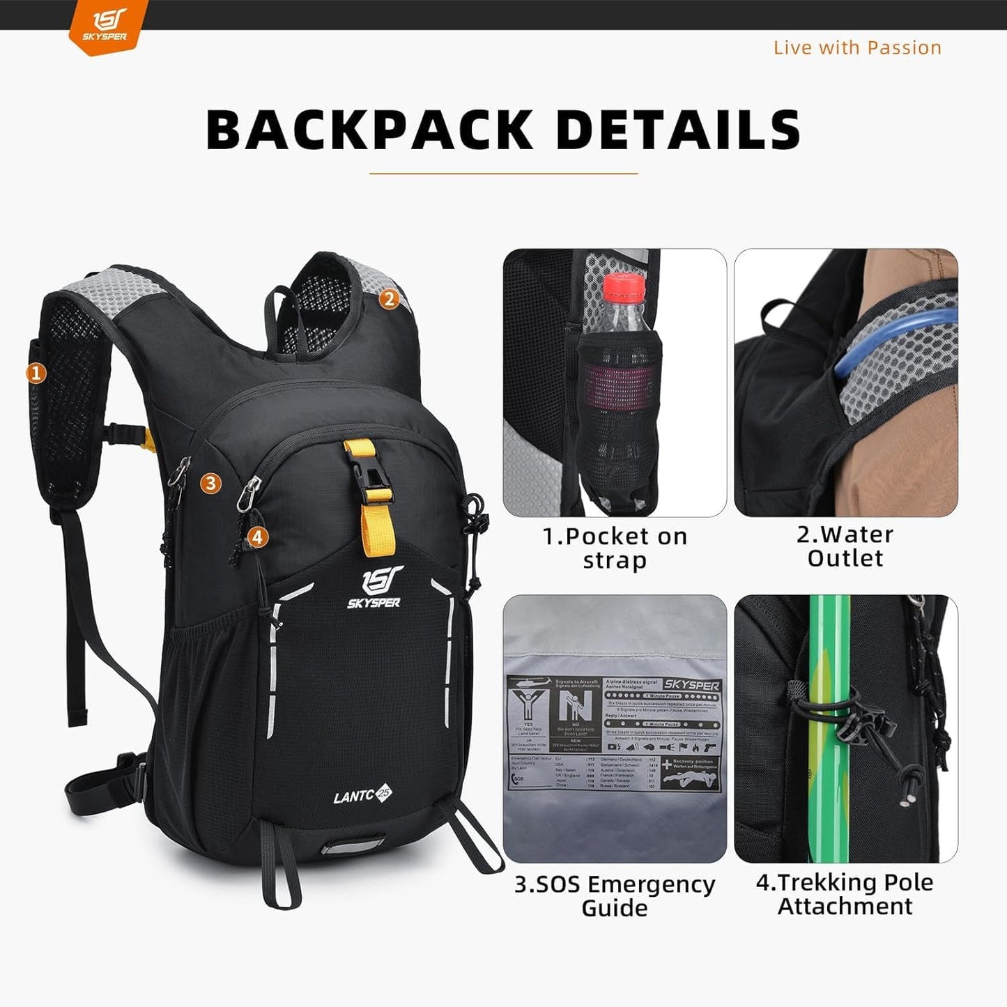 SKYSPER Small Hiking Backpack - 25L Travel Daypack Lightweight Bag Water Resistant Hiking Backpacks for Women Men