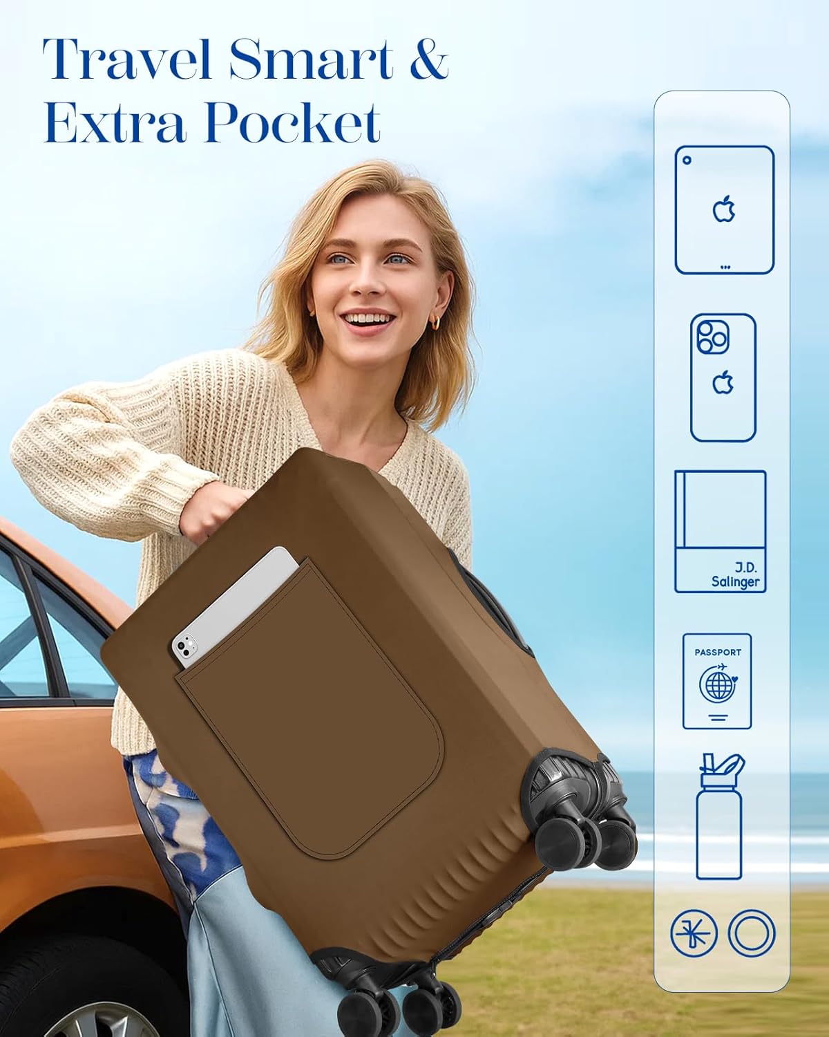 Slohif Luggage Cover for Suitcase Tsa Approved Protector - Luggage Sleeve Suit Case Cover Travel Stretch Large Baggage Case Protective Washable Fit 22-24 Inch Brown