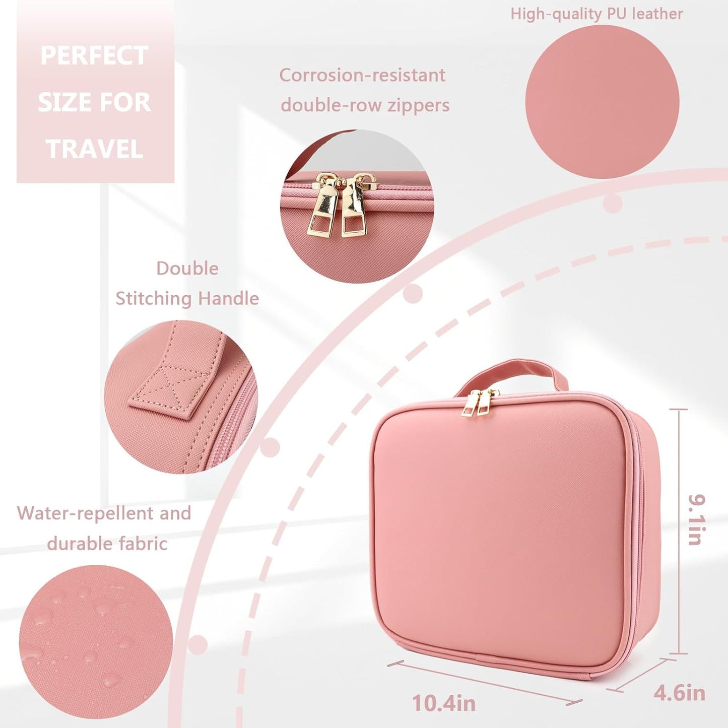 Travel Makeup Bag for Makeup Artists Large Makeup Case,with Mirror 3 Color Setting and Jewelry box Travel Makeup Bag,Portable Storage and Adjustable Dividers（pink）