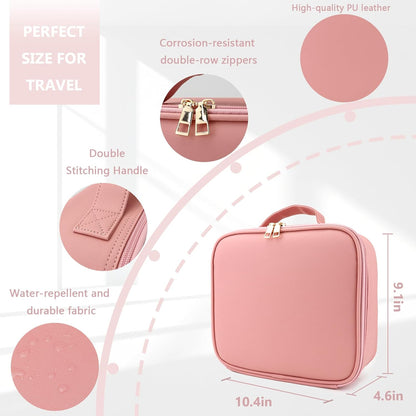 Travel Makeup Bag with LED Lighted Mirror, Travel Makeup Organizer,3 Color Setting Cosmetic Makeup Box, Adjustable Dividers and Brush Holder（pink）