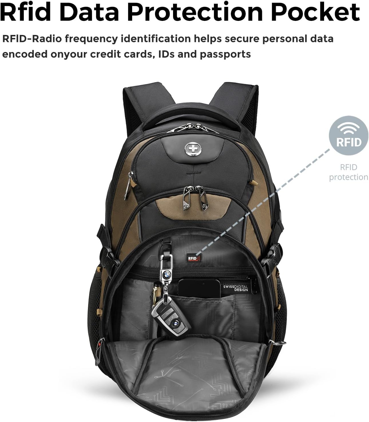 Swissdigital Design Laptop Backpack with USB Charging Port, TSA Travel Backpack Fits 15.6 inches Computer, 31L College School Backpack for Men, Tan/Black | SD803