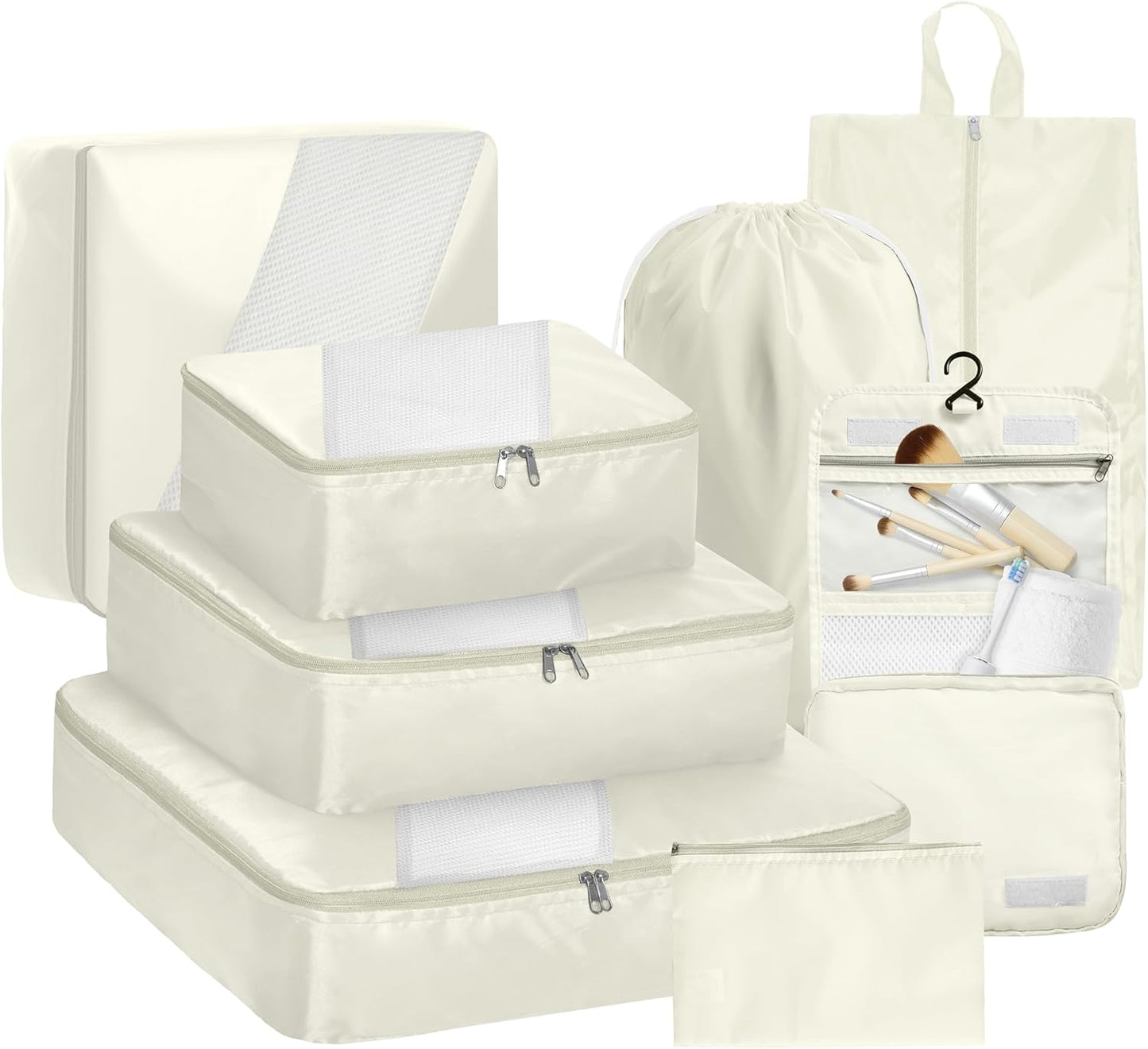 WVM Packing Cubes for Travel, 8 Set Luggage Organizer Bags with Shoe Bag, Toiletry Bag & Laundry Bag, Travel Accessories Essentials Packing Organizer, Beige