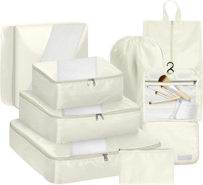 WVM Packing Cubes for Travel, 8 Set Luggage Organizer Bags with Shoe Bag, Toiletry Bag & Laundry Bag, Travel Accessories Essentials Packing Organizer, Beige