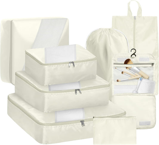 WVM Packing Cubes for Travel, 8 Set Luggage Organizer Bags with Shoe Bag, Toiletry Bag & Laundry Bag, Travel Accessories Essentials Packing Organizer, Beige