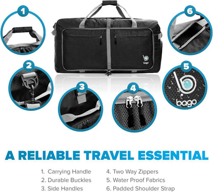 Bago Large Foldable Duffel Bags for Traveling Women & Men - 120L Packable Duffle Bag for Travel with Shoe Compartment - Water Repellant, Heavy Duty, Lightweight Folding & Collapsible (Black)