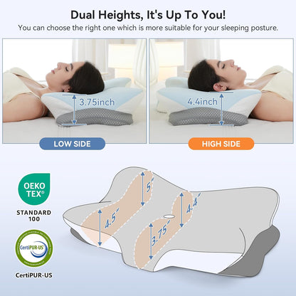Ergonomic Cervical Pillow for Neck Support, Memory Foam Orthopedic Contour Side Sleeper Pillows with Dual Heights, Soft Bed Pillow with Breathable Pillowcase for Back, Stomach Sleepers(Blue)