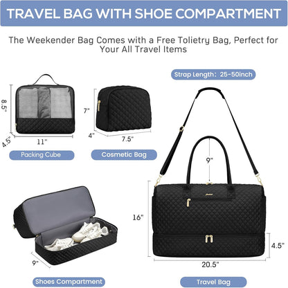 Travel Weekender Duffle Bag for Women - Overnight Bag with Shoe Compartment Carry on Bag with Toiletry Bag Gym Duffel Bag with Wet Pocket Hospital Bags for Labor and Delivery 3 Pcs Set Black