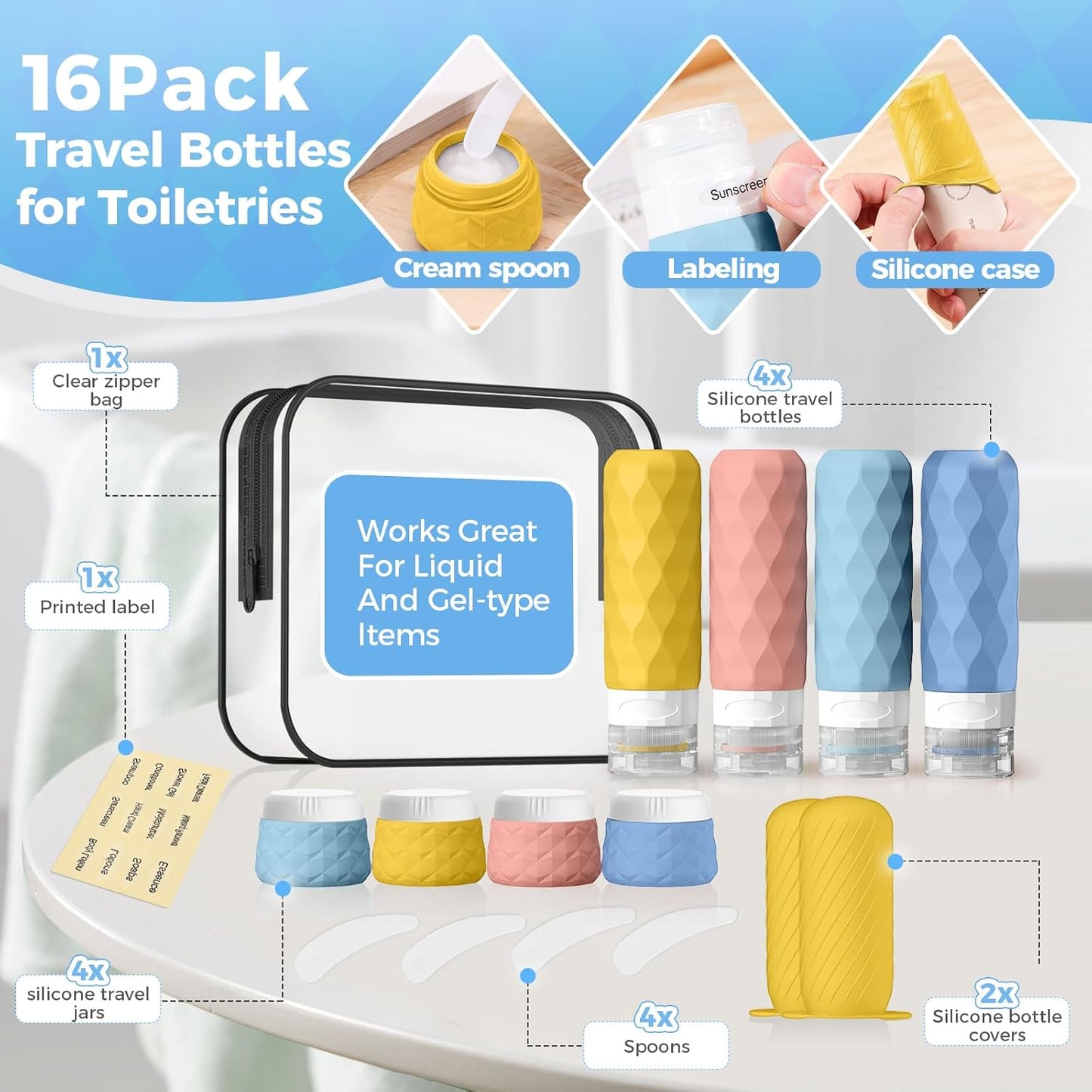 16Pack Travel Bottles for Toiletries, TSA Approved Travel Size Toiletries Containers Set, Silicone Leak Proof Refillable Bottles Elastic Sleeves Creams Jars Accessories Kit W/Clear Bag (Bright)
