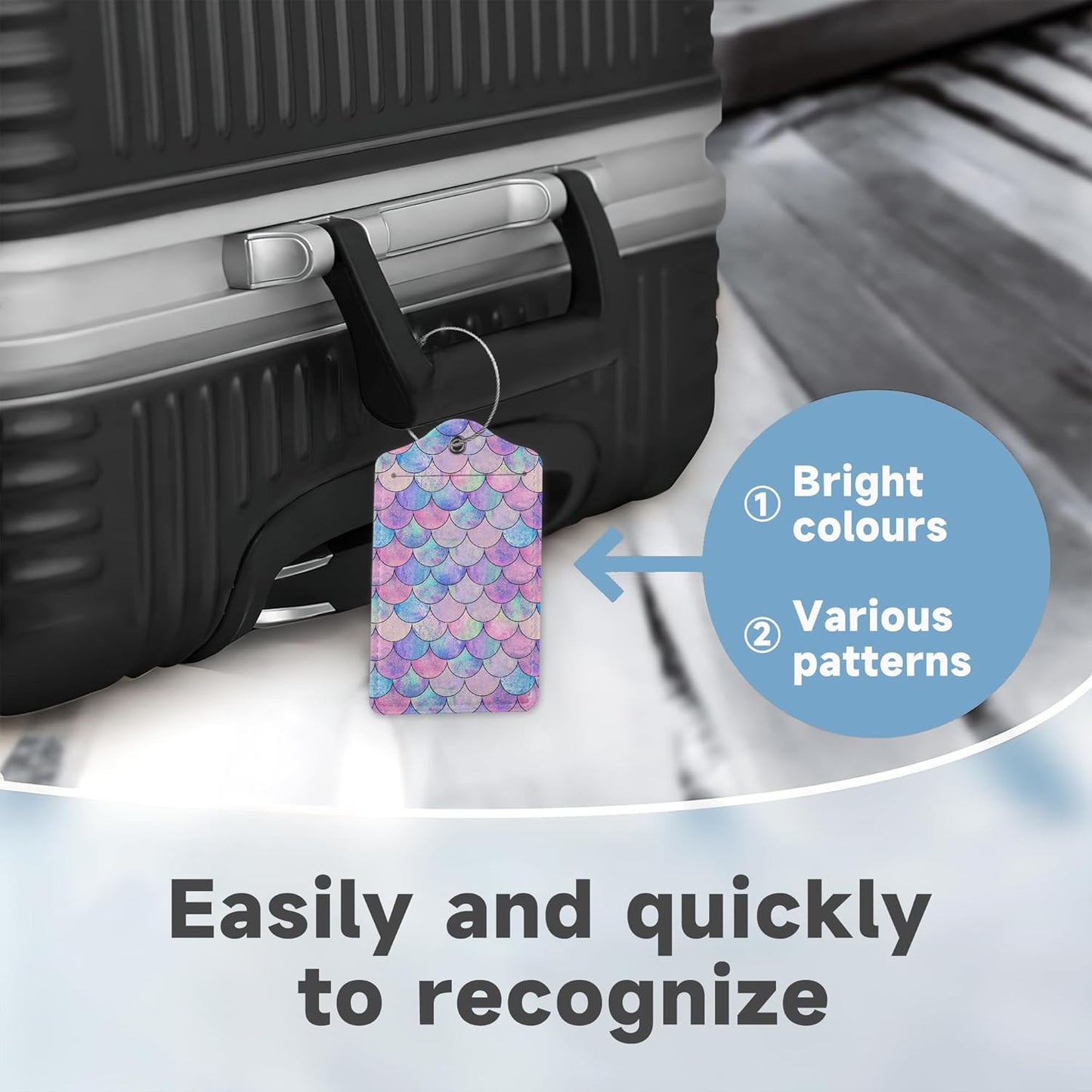 Set of 2 Luggage Tag for Suitcases LeatherMermaid Fish Scale Wave Tags with Stainless Steel Loop Privacy Name ID Card Cover Travel Bag Labels Set for Women Men Kids Girls