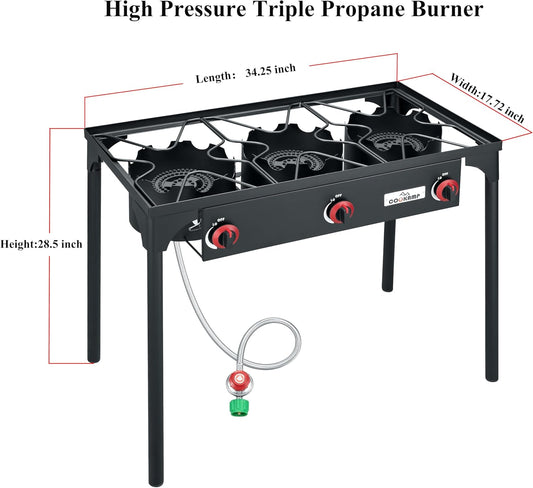 High Pressure Triple Propane Burner Outdoor Propane Camping Stove with 0-20 PSI Adjustable High Pressuer Regulator and Steel Braided Hose 3 Burner Stove Brewing Supply SA3500