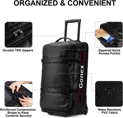 Gonex Rolling Duffle Bag with Wheels, 70L Water Repellent Wheeled Travel Duffel Luggage with Rollers 25 inch, Black