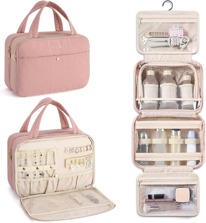 Hanke Hanging Travel Toiletry Bag for Women with Jewelry Organizer Compartment, Travel Essentials Toiletries and Makeup Bag, Water-Resistant & Stain-Resistant with Trolley Strap (Pink)