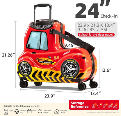 Kids Checked Ride on Luggage, 24 Inch Large Suitcase for Teens, Hardside Spinner Trunk with 360 Wheels, International Travel, Red car