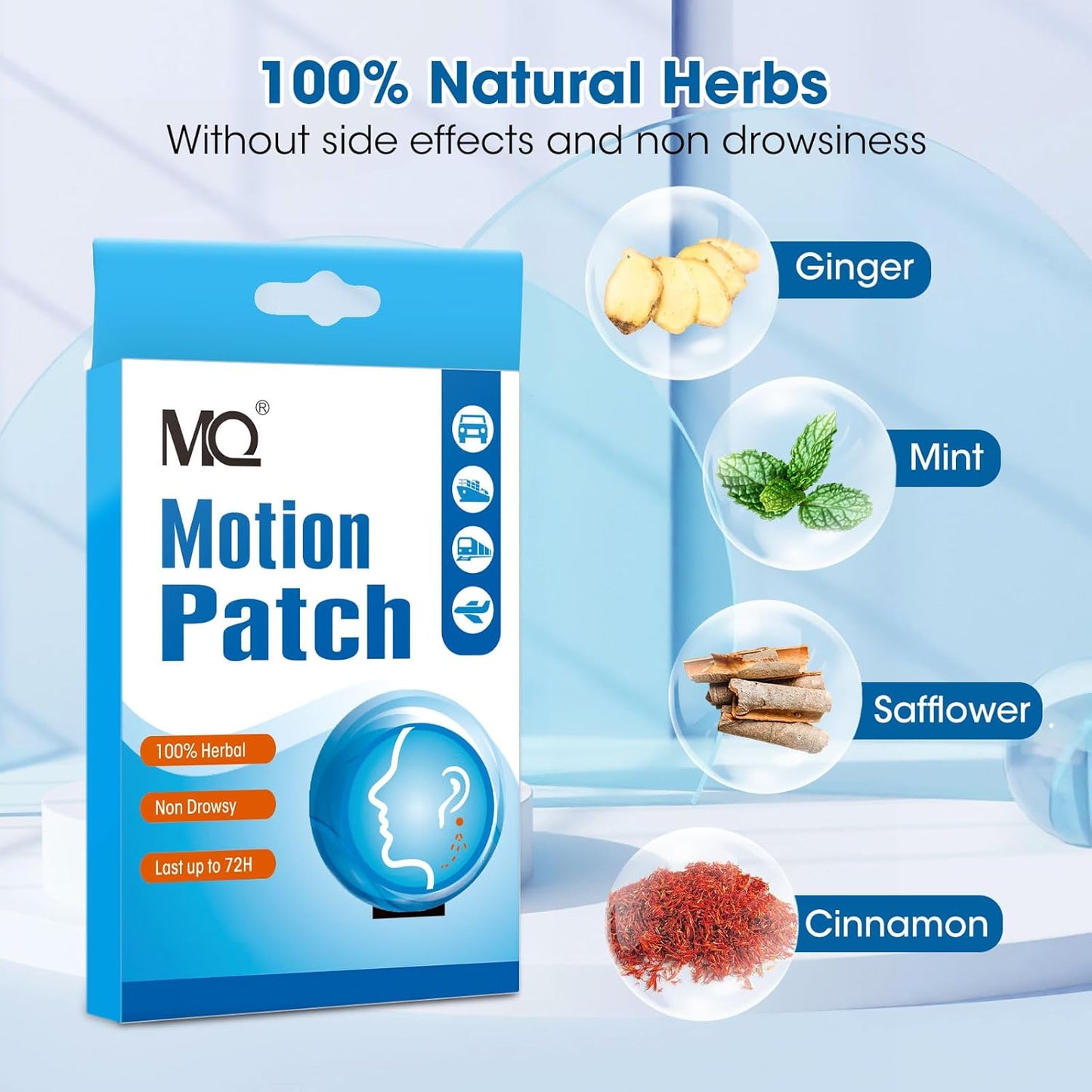 MQ Motion Sickness Patch,10 Count,Non Drowsy Sea Sickness Patches Behind Ear for Cruise Ship Travel, Waterproof Car Sick Patches Fast Acting & Long Last 72H