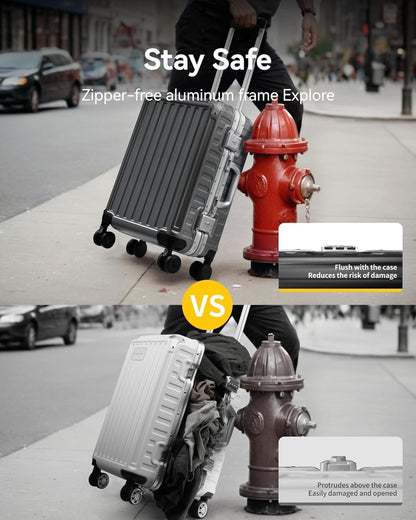 LUGGEX Checked Suitcase with Spinner Wheels, 28 Inch Aluminum Frame Zipperless Polycarbonate Hard Shell Suitcase, Silver